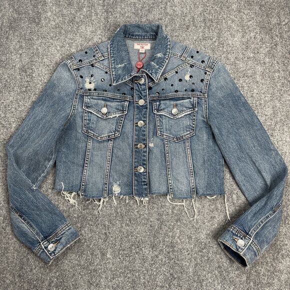 True Religion Denim Glim Jacket Womens Size Small Cropped Studded Distressed - Picture 1 of 10
